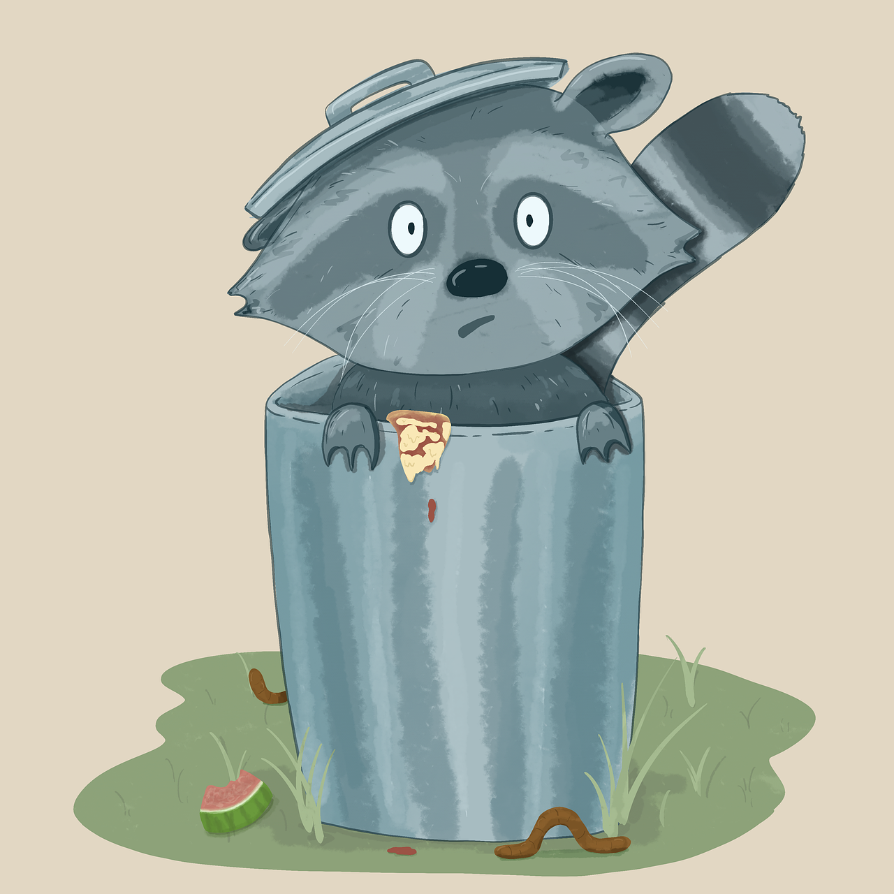 A raccoon sticking its head out of a trash can